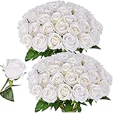 LetuoClips 50 PCS White Roses Artificial Flowers, Fake White Roses Bouquet,White Artificial Silk Roses with Stems for DIY Wedding Flowers Decoration, Valentines Day Mothers Day, Bridal Bouquet Roses