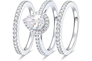 MDFUN Three-in-One Oval Halo Wedding Bands Set Engagement Rings 18K White Gold Plated Cubic Zirconia Promise Eternity Band for Women Size 5-10