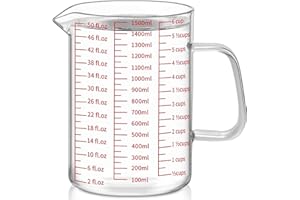 Luvan 6Cups/1500ml/51oz Glass Measuring Cup, Easy to Read with 3 Measurement Scales (Ml/Oz/Cup), Insulated Handle and V-Shape