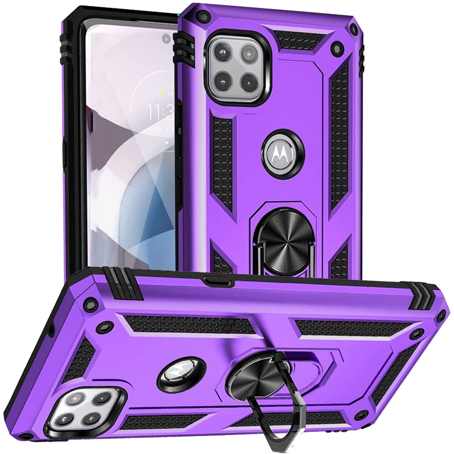 Military Grade Drop Impact for Motorola Moto One 5G Ace Case 360 Metal Rotating Ring Kickstand Holder Armor Heavy Duty Shockproof Case for One 5G Ace G 5G Phone Case (Purple)