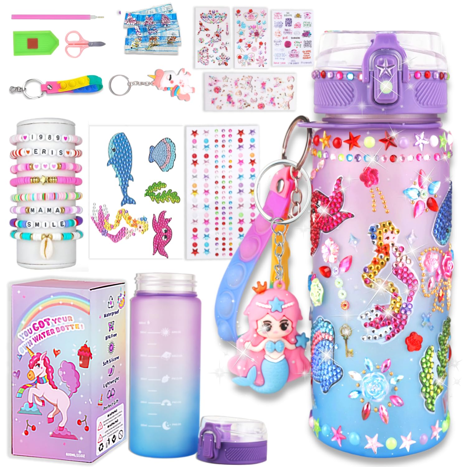 Sanilinwild Gifts for Girls Age 4-12-Decorate Your Own Water Bottle - DIY Friendship Bracelet,Christmas/Easter/Birthday Gift Ideas,Fun Arts and Crafts Gifts Toys for Girls(Purple Mermaid)