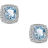 KOKAV 14K White Gold Genuine Aquamarine 6mm Cushion Diamond Stud Earrings