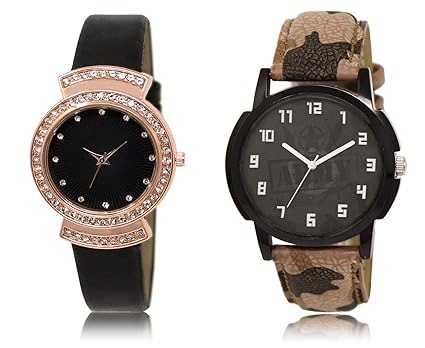 Shocknshop Designer Analogue Black Dial Mens & Womens Couple Combo Watch Pack of 2 - (LR244-03)
