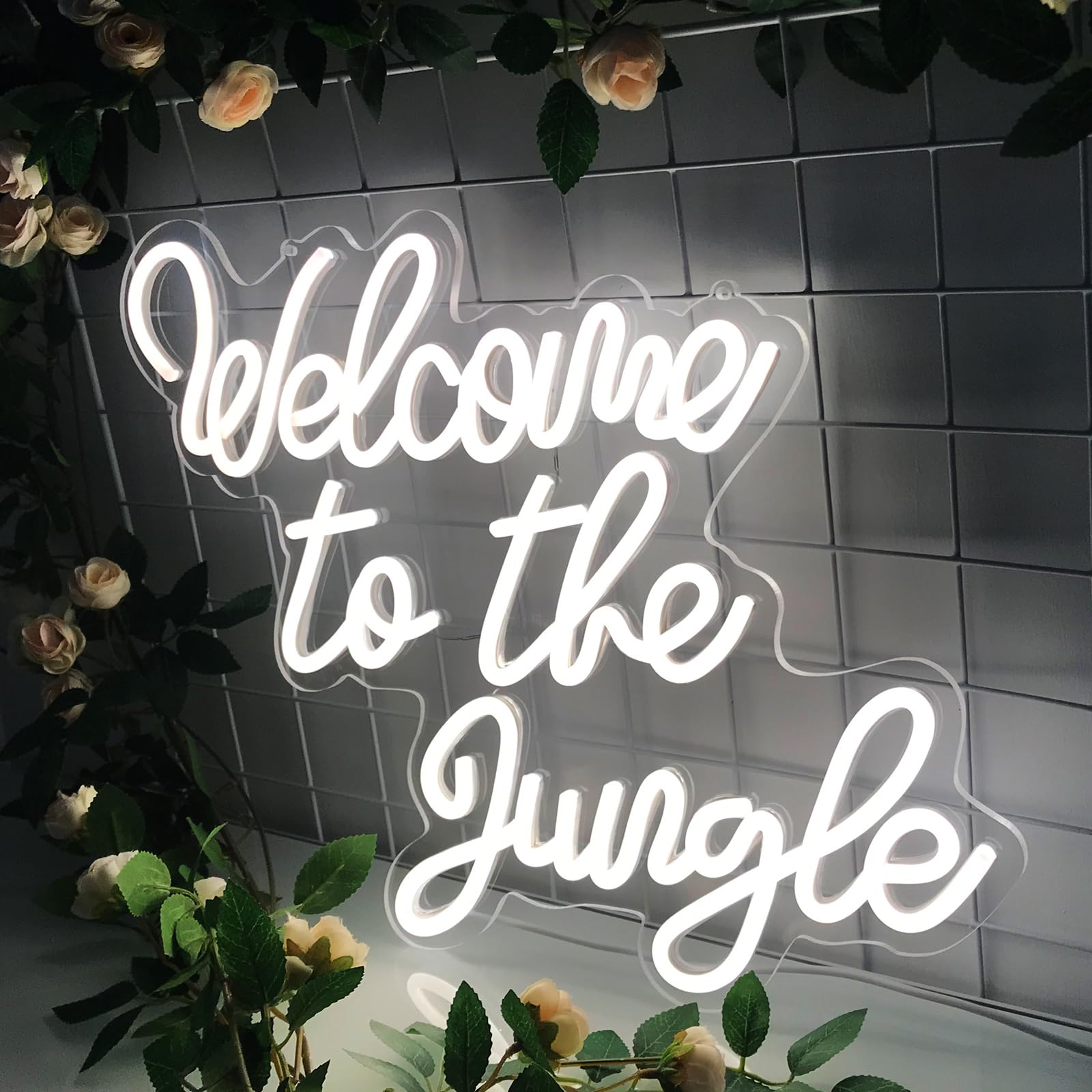 Welcome to The Jungle LED Neon Signs White Neon Lights for Wall Decor USB Light Up Sign for Garden Home Porch Store Christmas Living Room Bar Decoration 5v, 16.5" * 13"