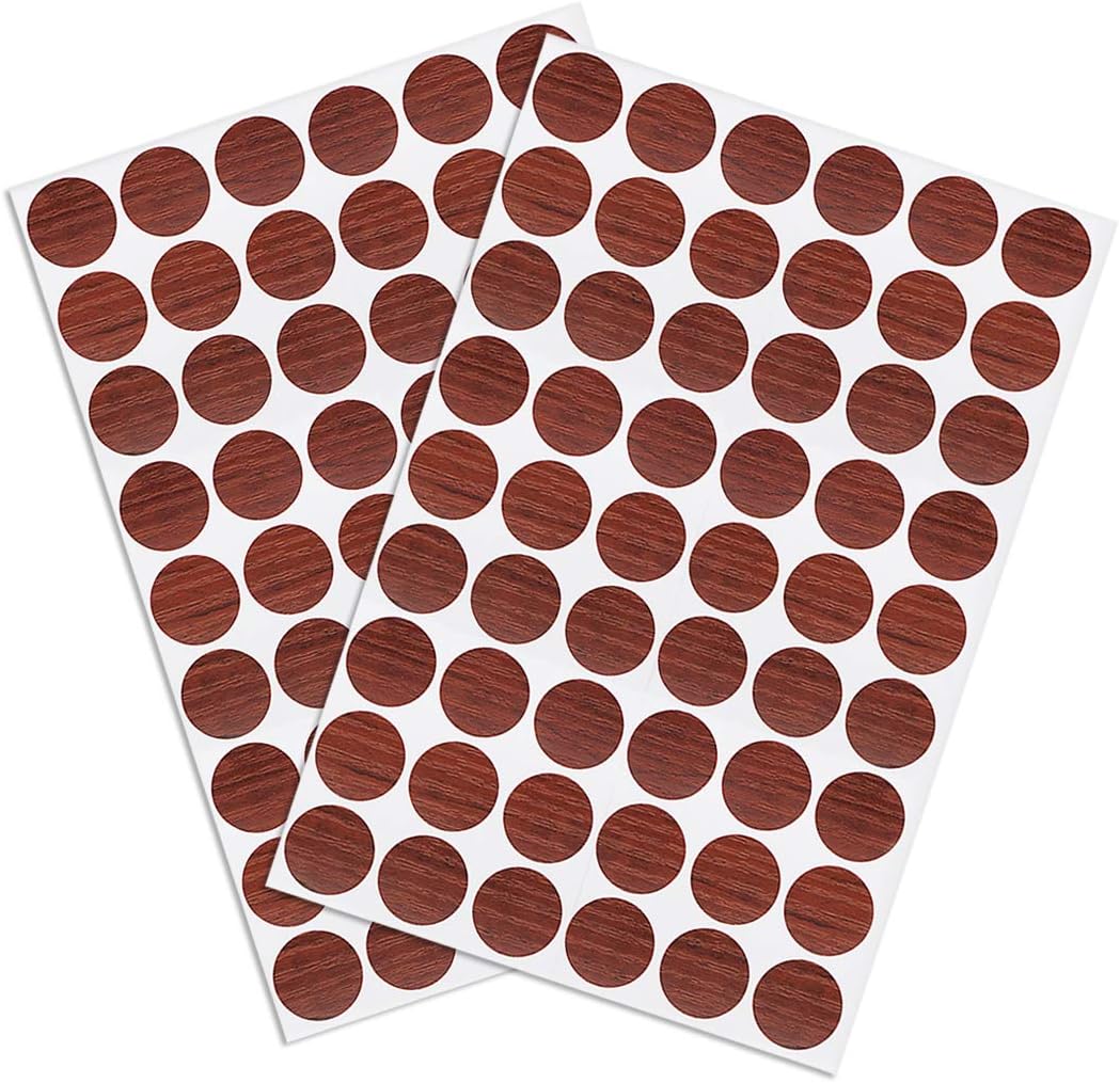 sourcing map Screw Hole Covers Stickers Textured Plastic Self Adhesive Stickers for Wood Furniture Cabinet Shelve Plate 21mm Dia 108pcs in 2Sheet Red Walnut
