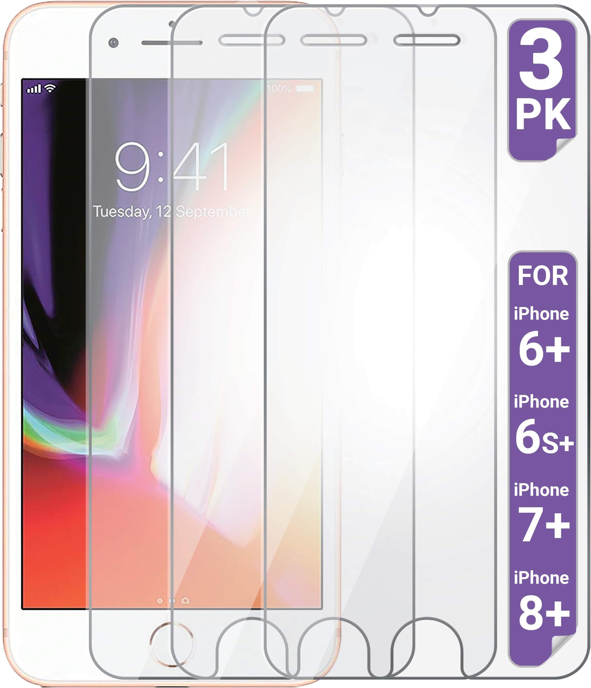 Aduro Screen Protector for Apple iPhone 8 Plus/7 Plus/6 Plus/6s Plus 5.5-inch (NOT 4.7), Shatterguardz Tempered Glass Shatter Proof Film, 3 Pack