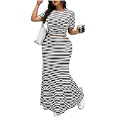 Floerns Women's Plus Size 2 Piece Outfits Striped Short Sleeve T Shirts Fishtail Maxi Skirts Set