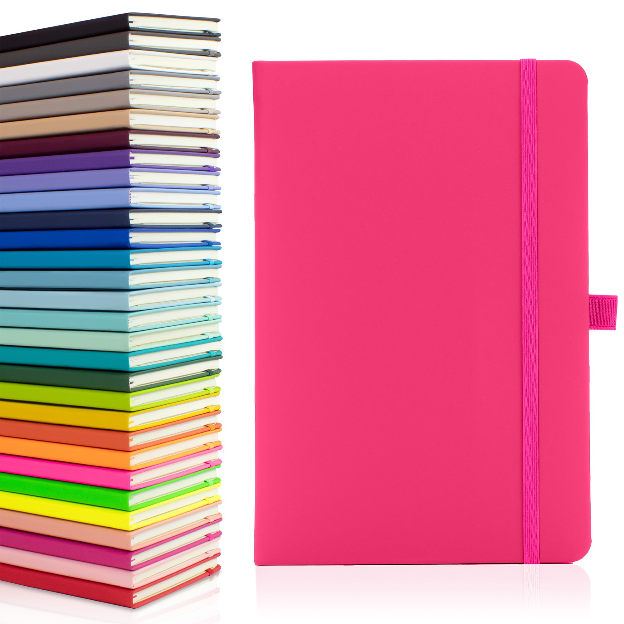 Notes London Eco A5 Notebook with Lined Pages, Pen Loop, Ribbon, Date Marks and Paper Pocket, Medium Hardback Journal, Note, sustainably sourced paper (Pink)