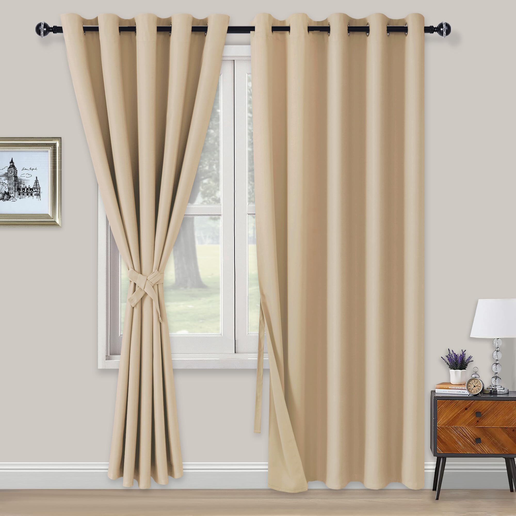 XWZO Blackout Curtains Shades Window Curtain Panels with Tiebacks- Noise Reduction and Thermal Insulated Eyelet Curtains for Bedroom,Living Room,Office,Study Room Beige W66xL90