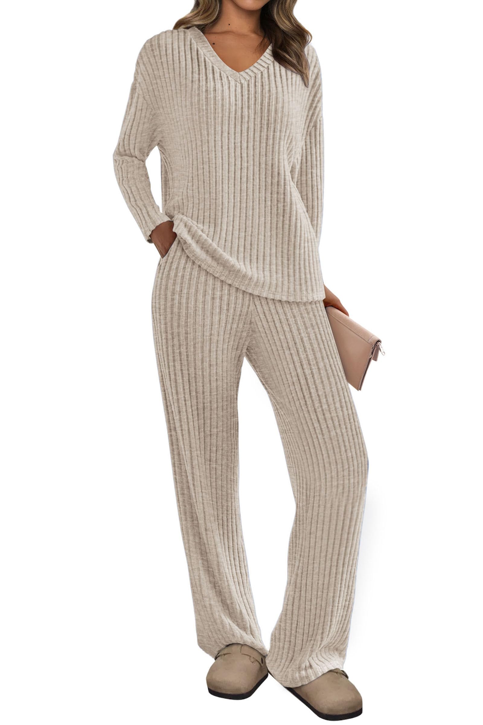 PRETTYGARDEN 2 Piece Sets for Women Fall 2025 Soft Comfy Lounge Long Sleeve Pajamas Set Knit Postpartum Pj Outfits Clothing (Apricot,XX-Large)