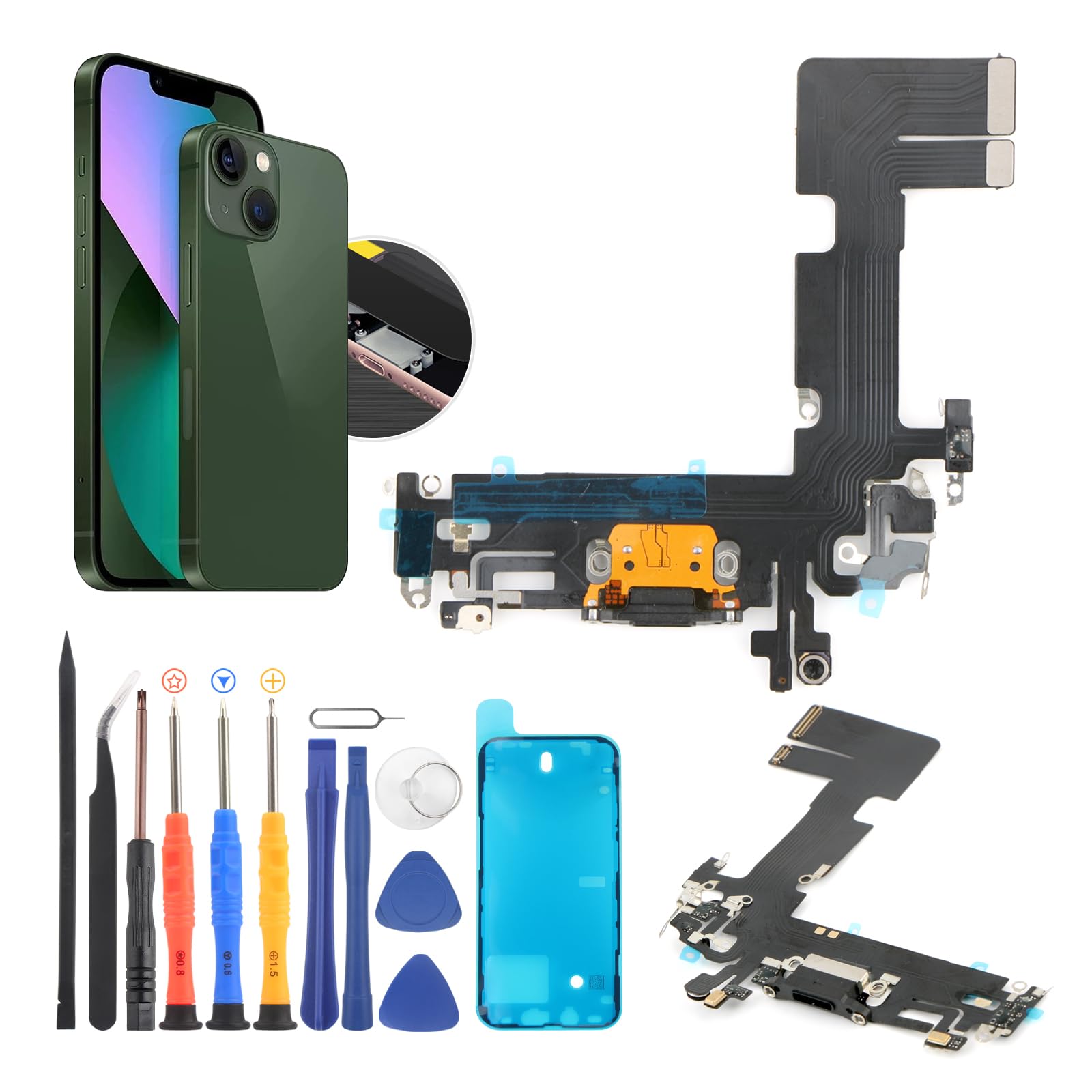 Photo 1 of Dock Connector for iPhone 13 Charging Port Flex Cable Replacement for iPhone 13 A2633 A2482 A2631 A2634 A2635 USB Charger Dock Board Connector with Tools(Black)