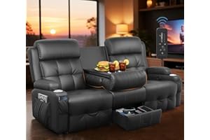 TOMOSLTER 3-Seater Loveseat Recliner Sofa, Home Theater Seating Reclining Couch with Flip Middle Backrest, RV Wall Hugger Sleeper Sofa with Massage, Dawer & Cup Holders, 150° Recline for RV & Living Room