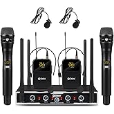 D Debra Audio Wireless Microphone System Pro DU4004 UHF 4 * 16 Adjustable Channel Wireless Handheld Lavalier Headset Mics, Ideal for Meeting Church Speech Party (2 Handheld 2 Bodypack)