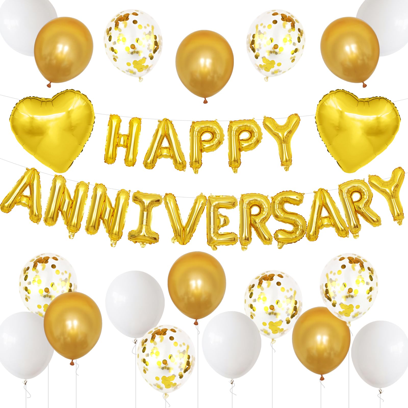 Anniversary Decorations Gold White,Happy Anniversary Foil Balloon Banner with Confetti,Latex,Foil Heart Balloons for Celebrations Surprise Events Romantic Night Weddings