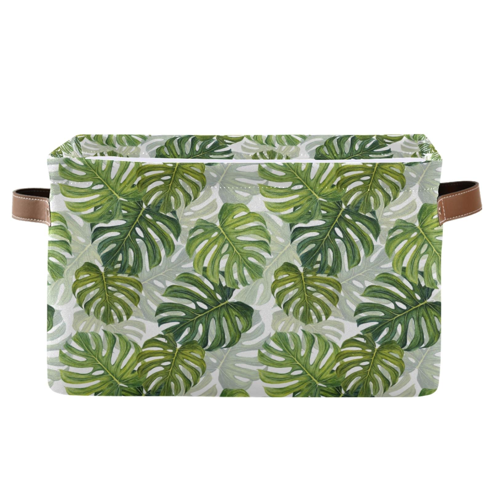 Mnsruu Large Foldable Storage Basket, Tropical Pattern Green Leaves Fabric Storage Bin Organizer Bag with Handles 15 x 11 x 9.5 inch