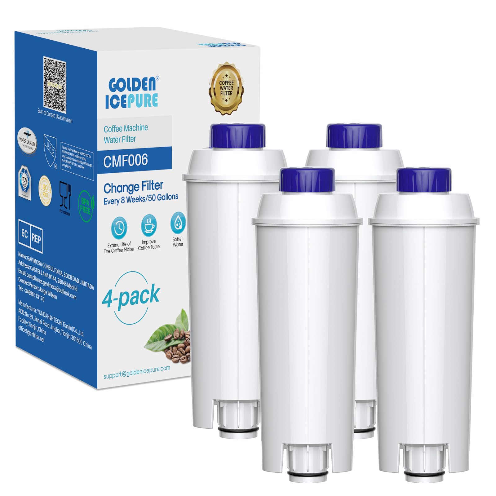 GOLDEN ICEPURE Coffee Machines Water Filter Compatible with De'Longhi DLSC002, SER3017 & 5513292811,De Longhi,ECAM, Esam, ETAM, BCO, EC-Series,4 Pack
