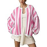 Wefebi Women's Casual Loose Fit Striped Cardigan Long Balloon Sleeves Open Front Knit Sweater