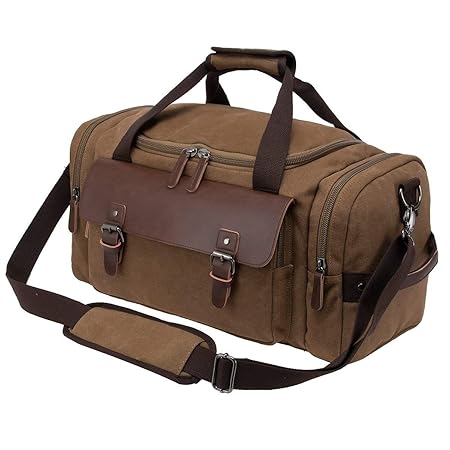 Totech Canvas Leather Trim Duffle Bag Oversized Travel Duffle Luggage Bag (Brown)