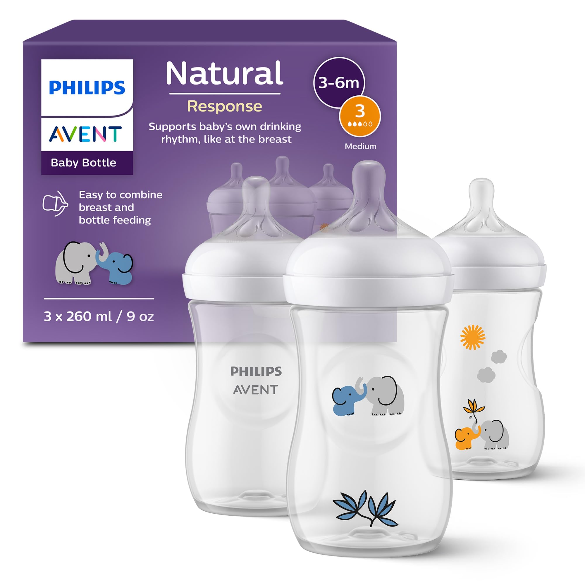 Philips Avent Natural Response Baby Gift Set, 3 Natural Response Baby Bottles 260 ml with T3 (1 m+ Teats), SCY903/63