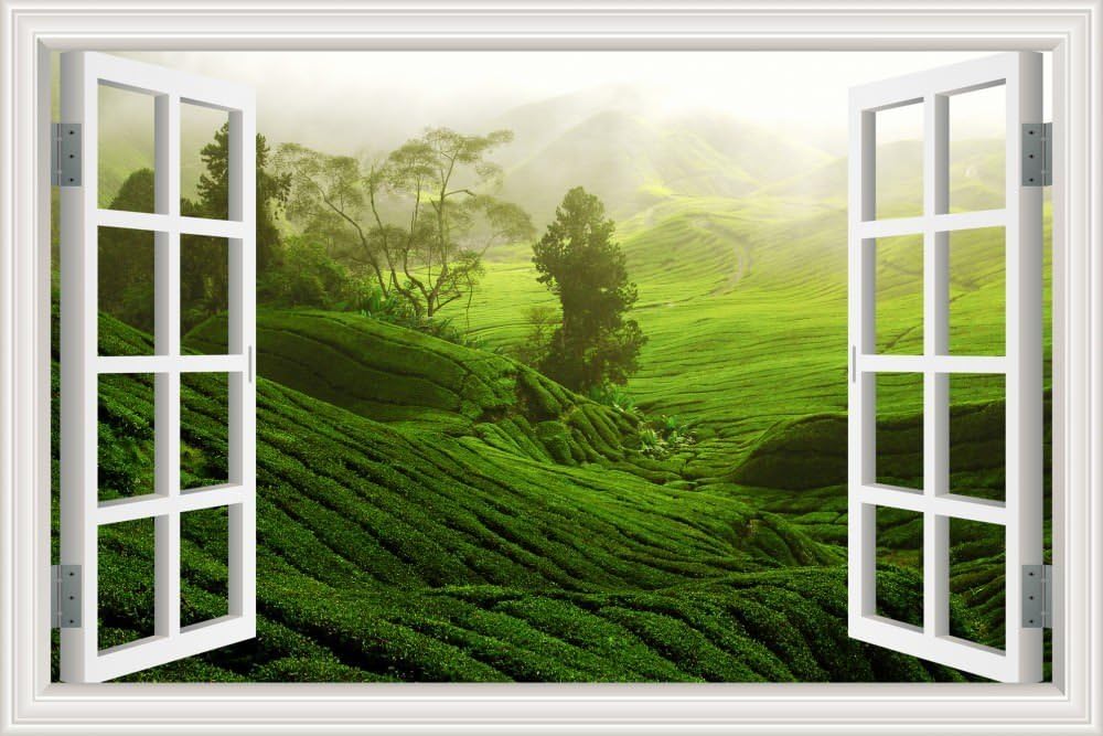 GreatHomeArt Removable Wall Decals Tree Peaceful Tea Garden 3D Window View Poster for Living Room Wall Decor Murals Vinyl Sticker Peel and Stick - 32"x48"