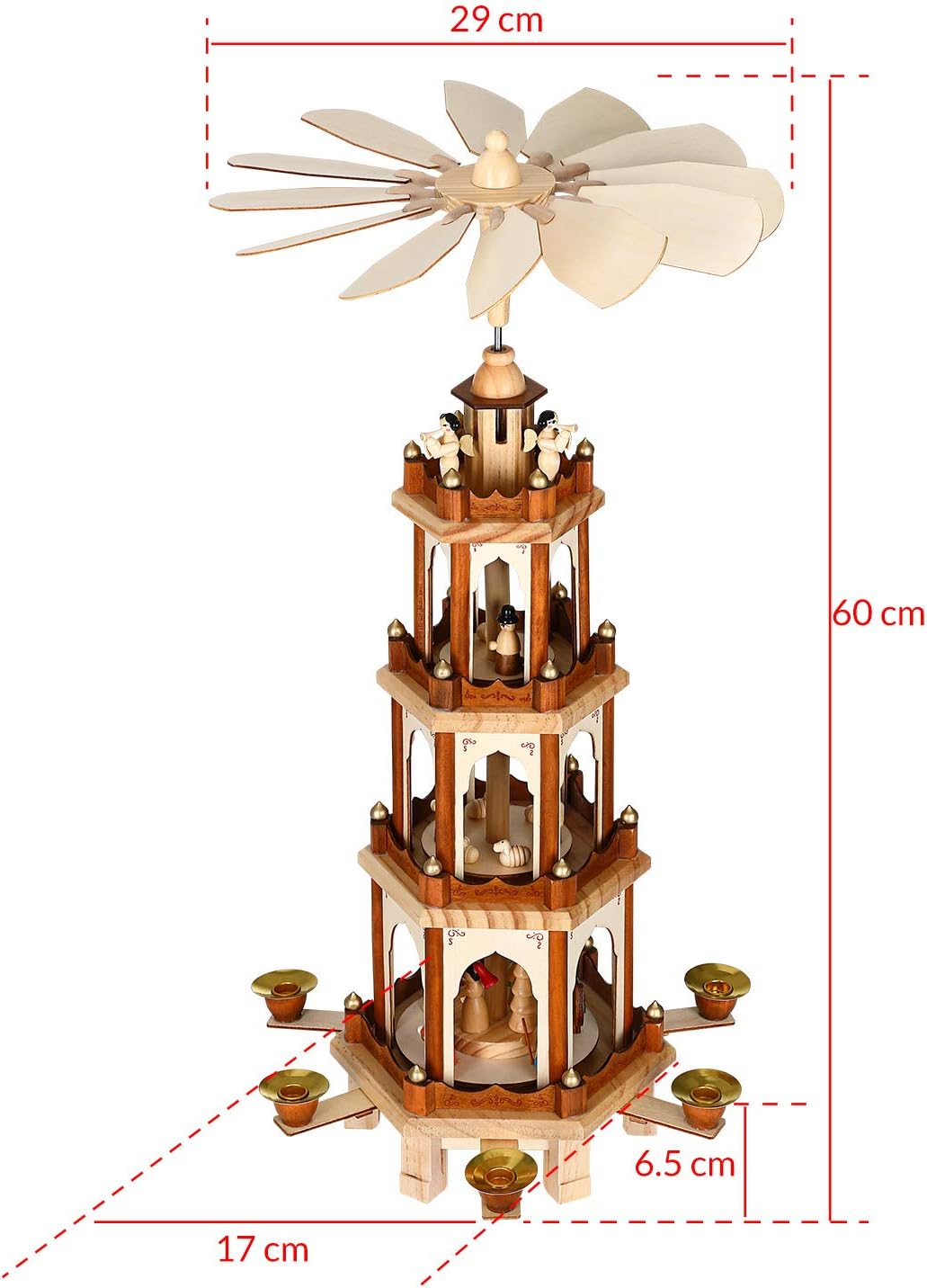 Spielwerk Deuba Christmas Pyramid 60cm Rotating Decoration Wood Traditional Xmas German Candle Lights Windmill 4 Tier (Brown) - Image 4