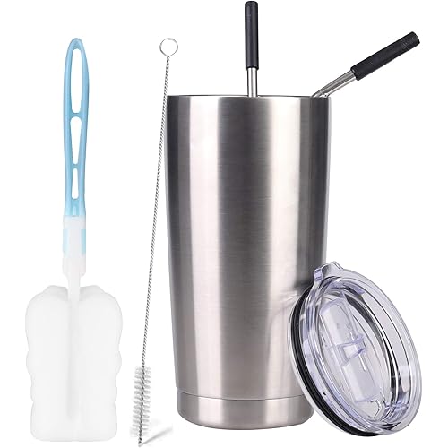 SERENCOZY 20oz Tumbler Stainless Steel Vacuum Insulated Tumbler With Lid And Straws Double Wall Travel Coffee Mugs Cup for Hot Beverage and Cold Drinks (Stainless Steel, 1 Pack)