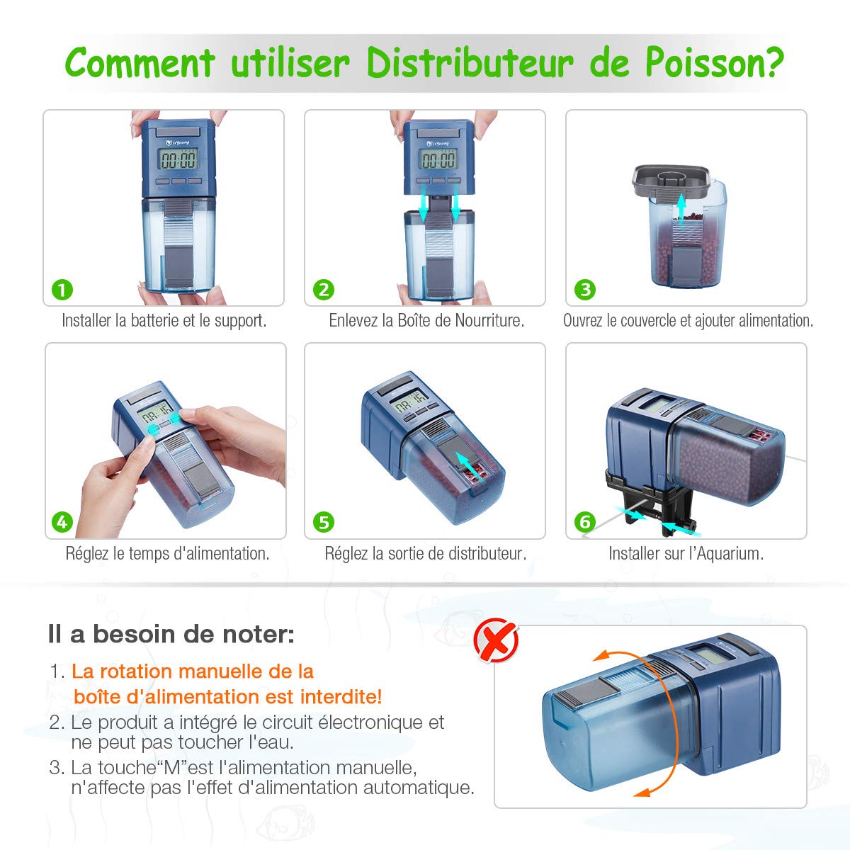isYoung 175ML Distributeur de Nourriture pour Poissons Automatique Numérique Alimentateur de Poissons Multifonctionnel pour Aquarium,Écran LCD Pendant Vacances/Déplacement/Hors de la Maison