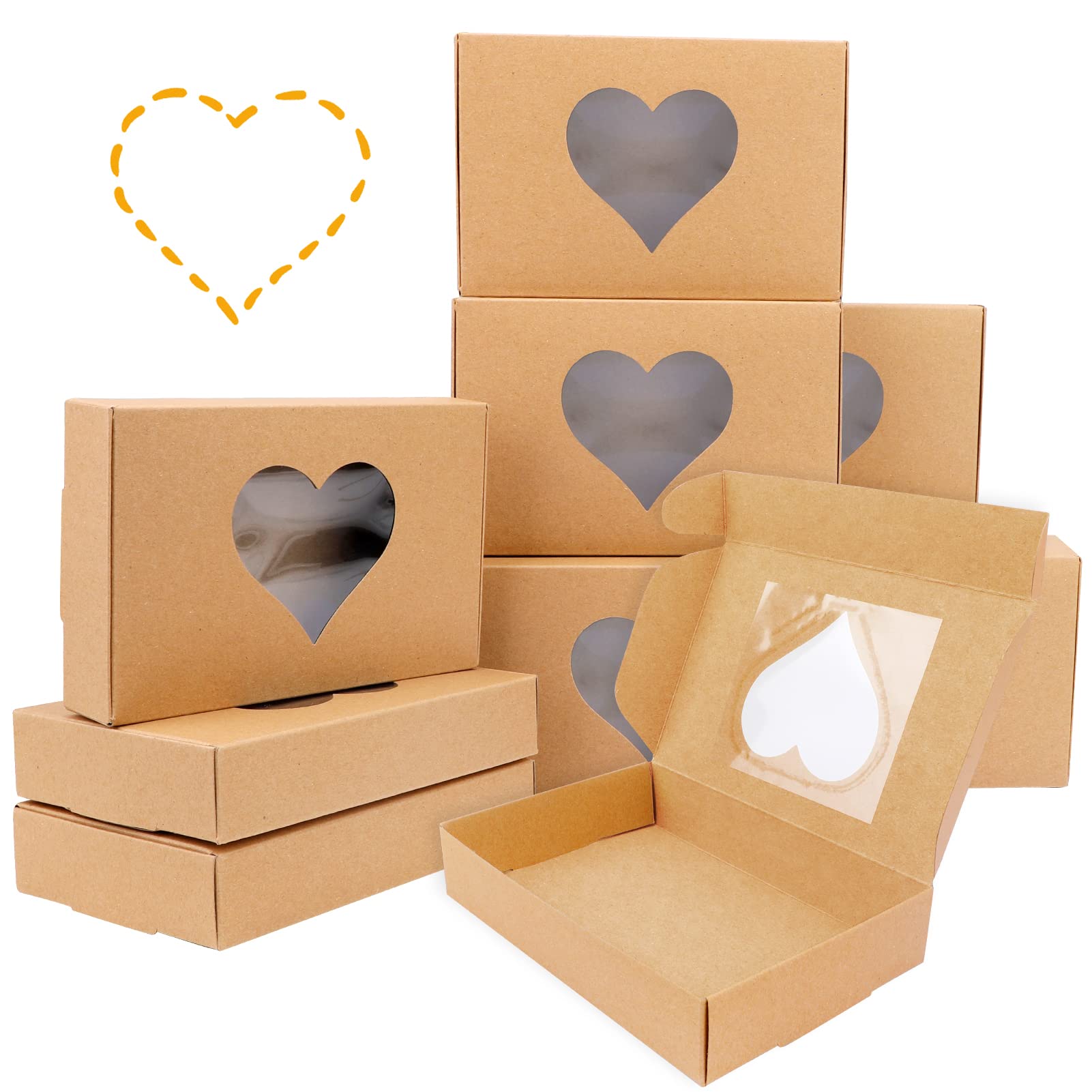 Qpout 12 PCS Love Heart Kraft Candy Boxes With Window, 7x4.7x1.3 inch Sweets Empty Packing Boxes, Valentine's Day Baby Shower Kids Birthday Wedding Party Cookie Cake Jewelry Small Presents Decoration