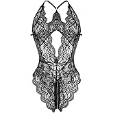 LadyIn Women's Sexy Lingerie One Piece Women Deep V Teddy Floral Lace Bodysuit Babydoll