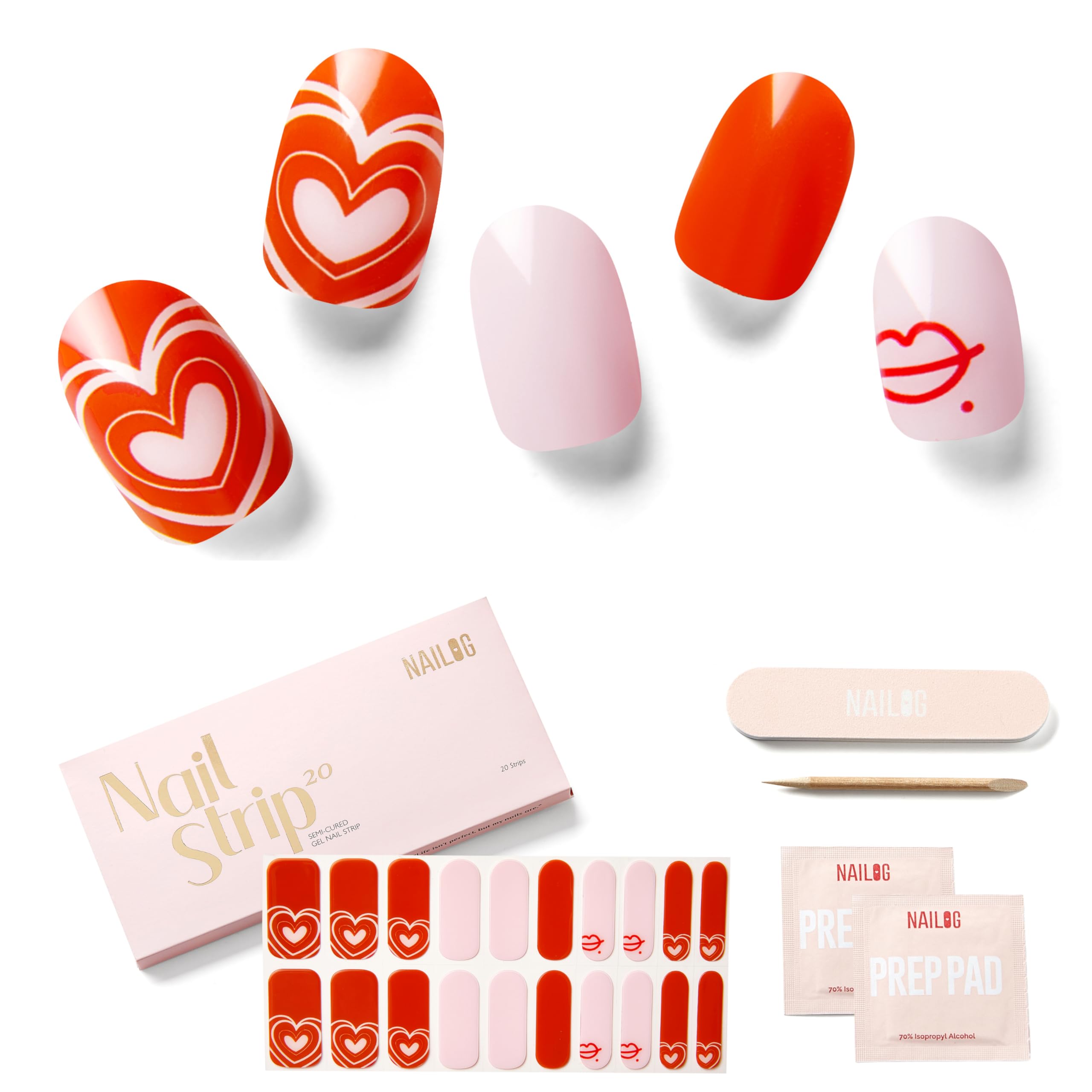 NAILOG Semi Cured Gel Strips (20 Extra Long Stickers), UV/Led Lamp Glossy & Long Lasting Soft Gel Finish Wrap, Sweet Heart — image 1