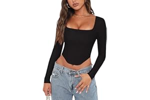 REORIA Womens Trendy Sexy Square Neck Long Sleeve Backless Y2K Going Out Boned Bustier Corset Crop Tops