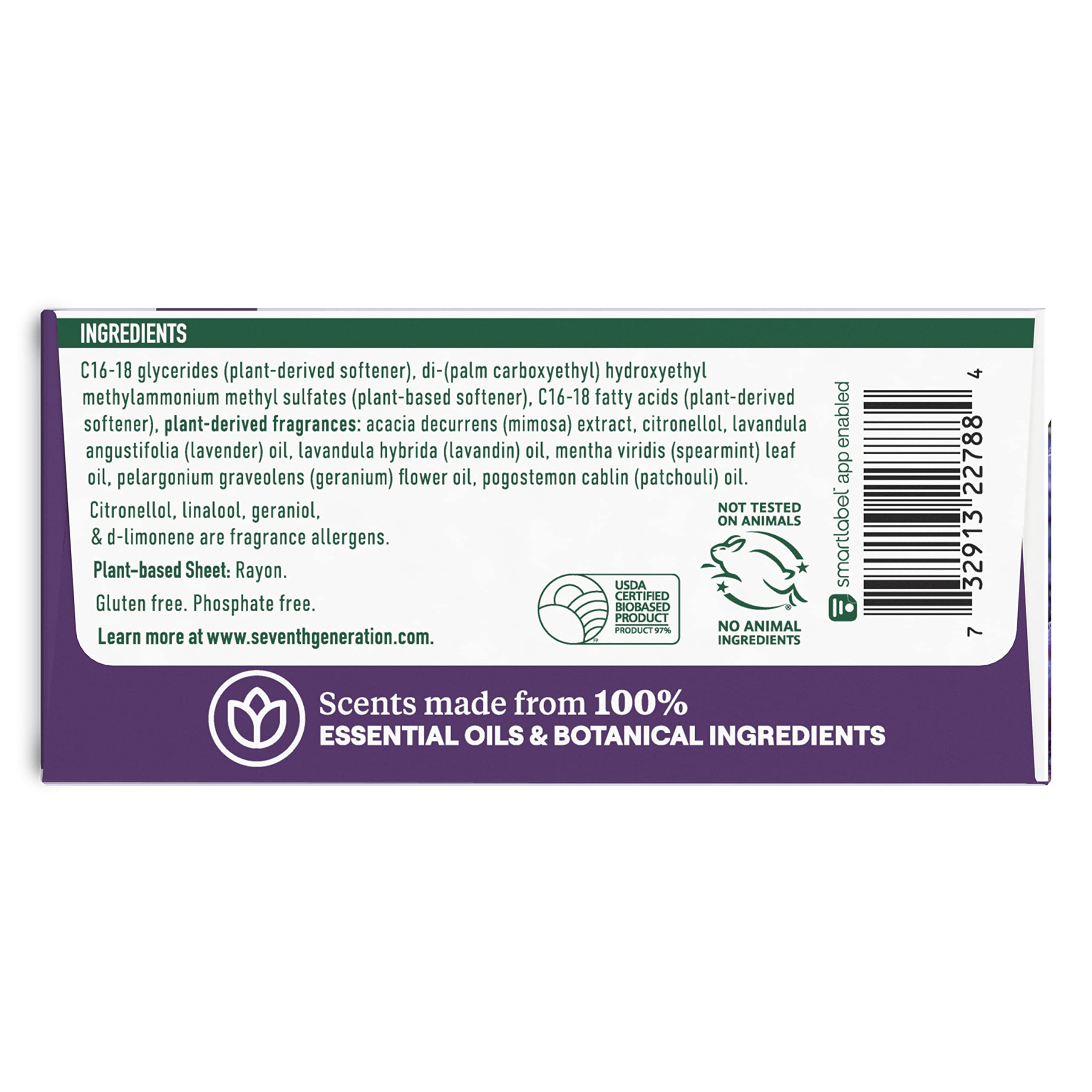 Seventh Generation Dryer Sheets Fabric Softener Fresh Lavender Scent with 100% Essential Oils and Botanical Ingredients 80 Sheets (Pack of 4)