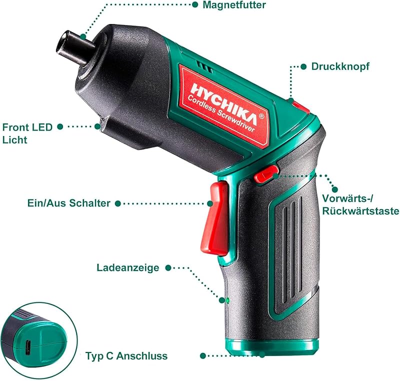 HYCHIKA Akkuschrauber, Cordless Screwdriver 6N·m Drehmoment und 2000mAh Akku 3,6V mit 20 Zubehörteilen, LED Licht, Magnetfutter für Schrauben