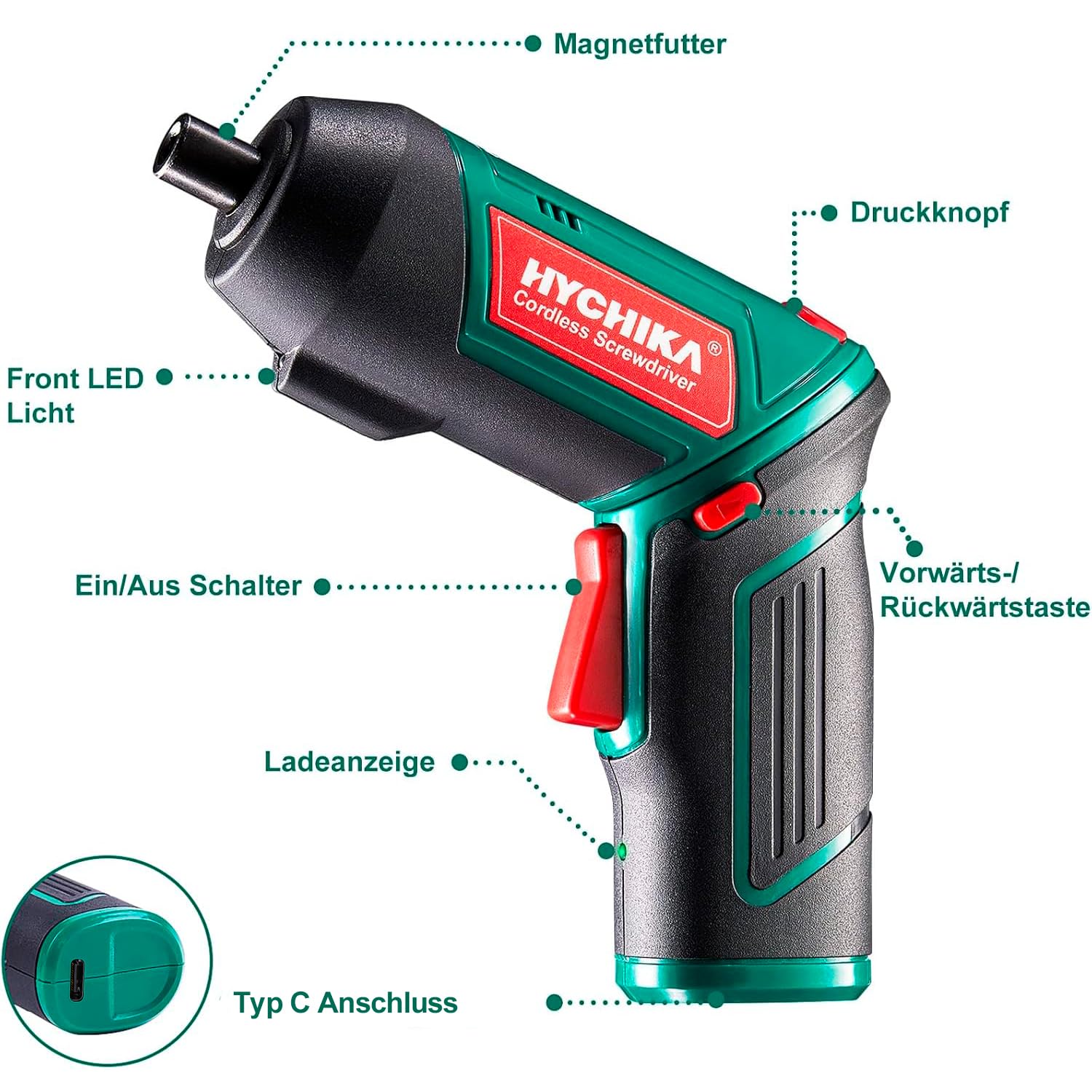 HYCHIKA Akkuschrauber, Cordless Screwdriver 6N·m Drehmoment und 2000mAh Akku 3,6V mit 20 Zubehörteilen, LED Licht, Magnetfutter für Schrauben 2