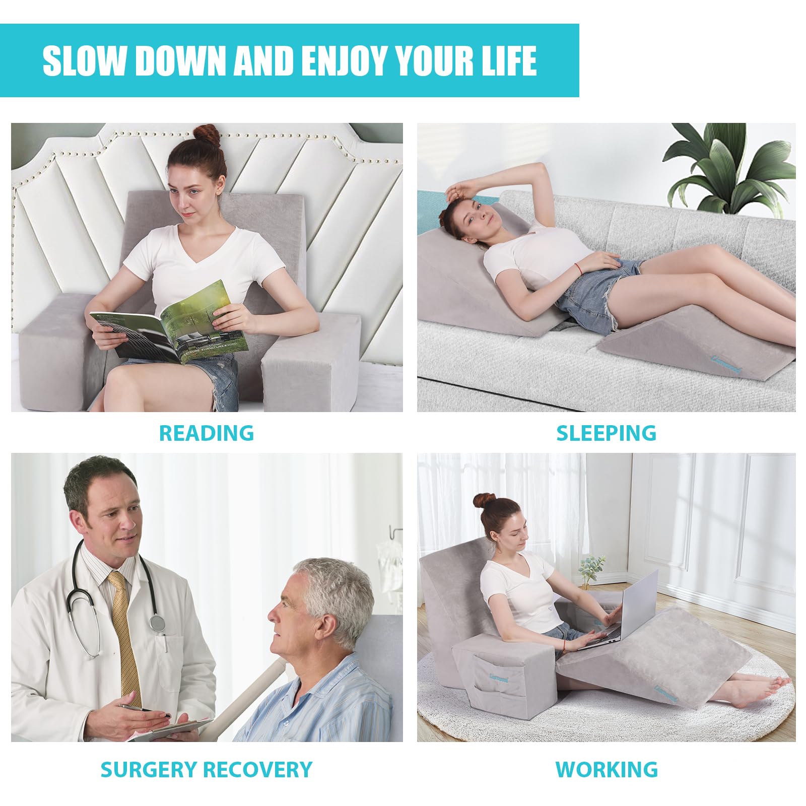 Foam Bed Wedge Pillow Set - Reading Pillow & Back Support Wedge Pillow for Sleeping - 4 Separated Sit Up Pillows for Bed - Angled Bed Pillow, Triangle Pillow for Back and Legs Support Gray