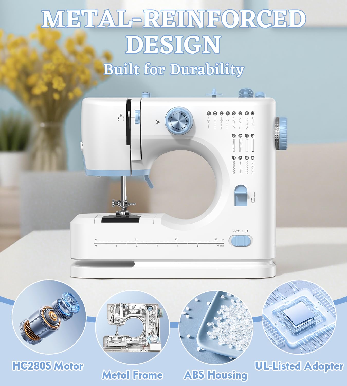 Sewing Machine for Beginners with 16 Built-in Stitches, Small Sewing Machine with Accessory Kit, 2-Speed, Foot Pedal & Storage Drawer, Portable Full-Feature Design for Home DIY (Blue)