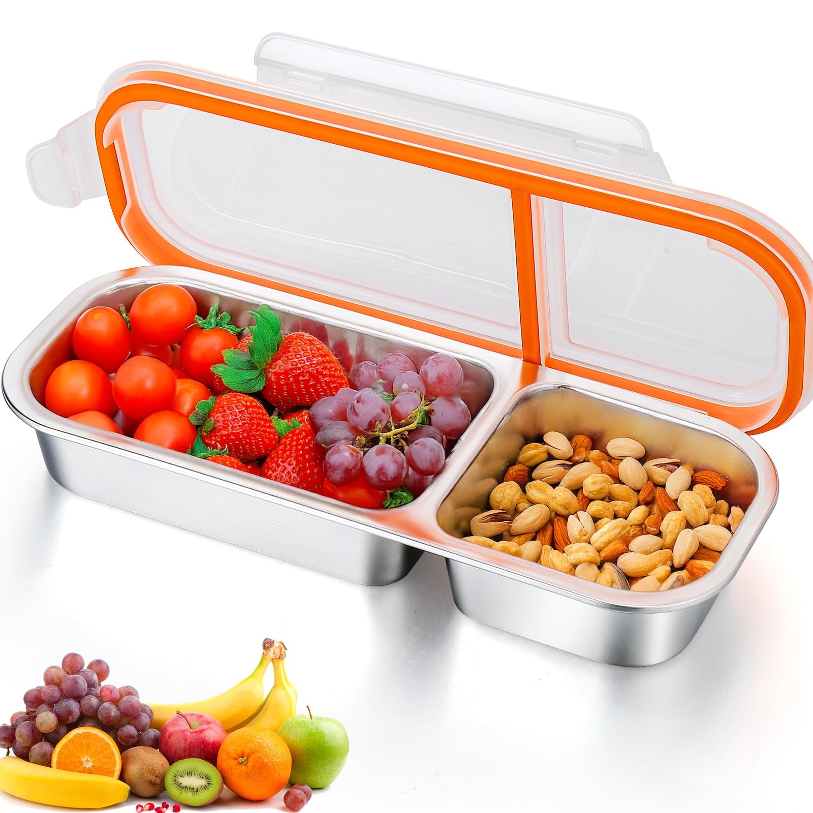 Photo 1 of AIERSA Stainless Steel 2 Compartment Snack Box Container, Size 10.3 in X 4 in Reusable Snack Containers with Lids,Divided Grab and Go Snack Container for Take-out Condiments, Leakproof