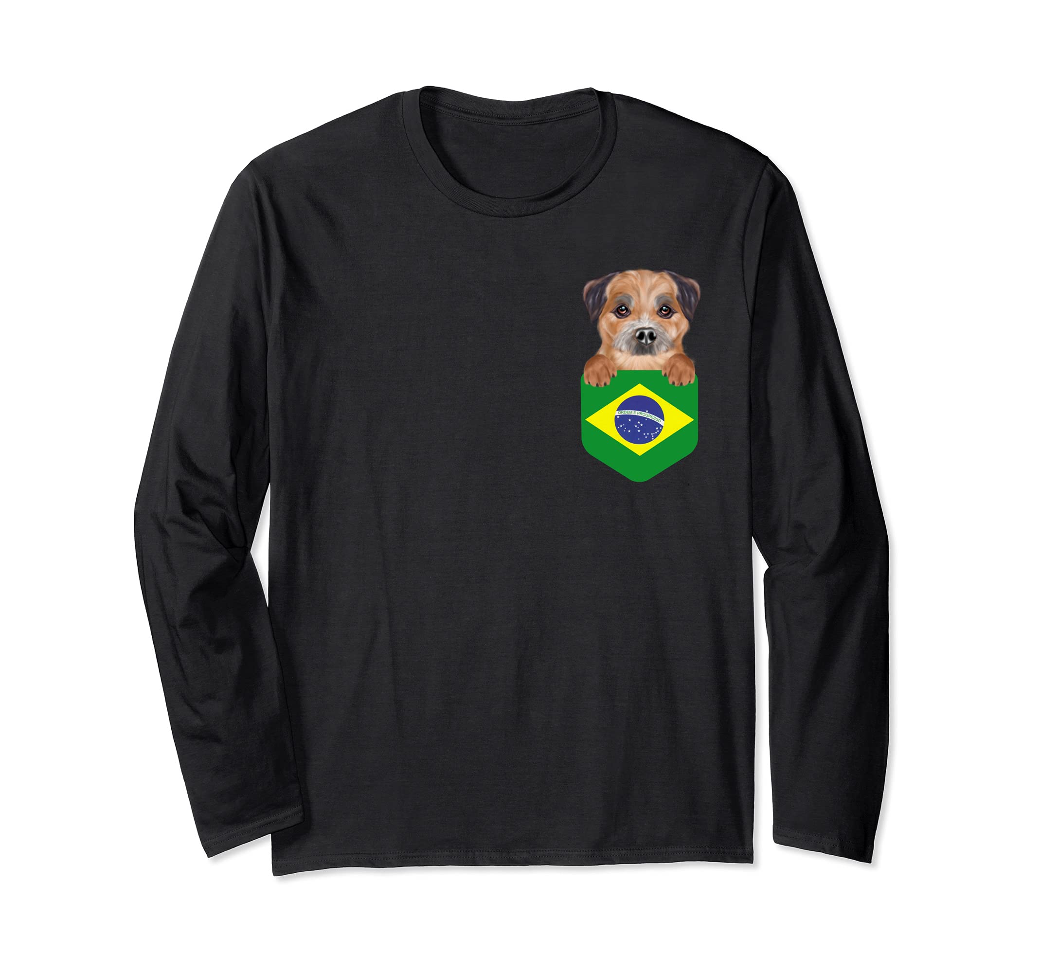Brazil Flag Border Terrier Dog In Pocket Long Sleeve T-Shirt