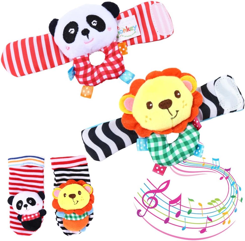 GoaPly Baby Rattle,Baby Wrist Rattles and Foot Finder Set Sock Toys[4 PCS],Developmental Soft Animal Rattles Infant Baby Toys,Educational Development Soft Animal Toy Shower Gift( Lion and Panda)