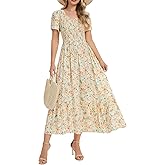 Vogebund Women's Summer V Neck Flowy Maxi Dress Casual Short Sleeve V Neck Smocked Beach Boho Dresses with Pockets