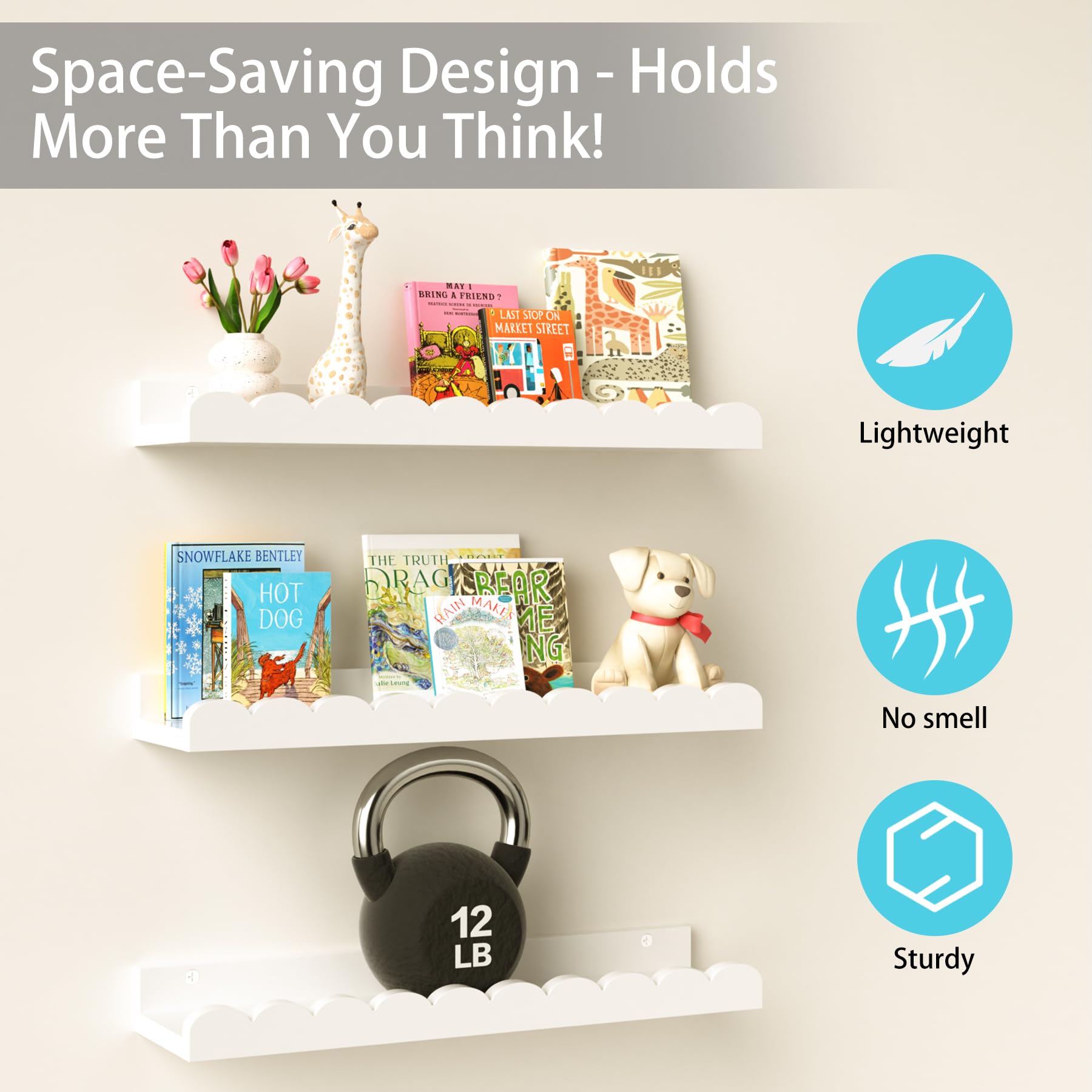 Nursery Book Shelves for Wall ,4-Pack Floating Kids Bookshelf for Bedroom, Nursery and Playroom - Wall Mounted, Space Saving, Easy to Install, Holds Multiple Books - Ideal for Children’s Room Storage