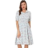 Allegra K Women's Vintage Peter Pan Collar High Waist Flowy Midi Puff Sleeve Floral Dress