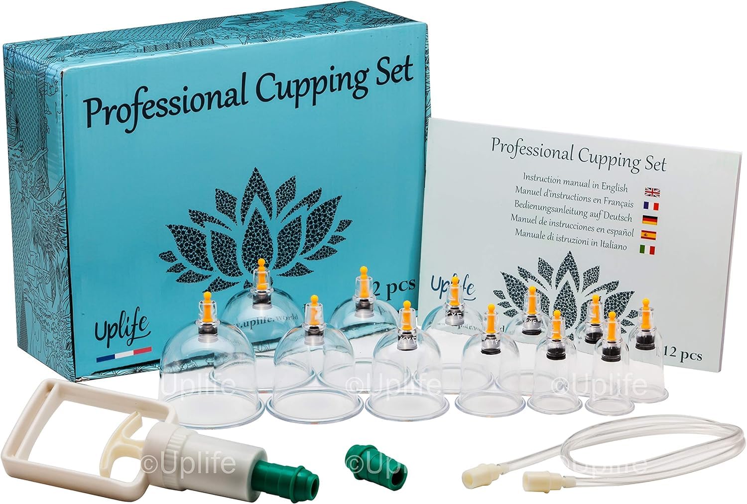 Uplife Cupping Therapy Set - 12 Suction Cups for Muscle, Neck and Back Pain Relief - Anti Cellulite Suction Cups for Body, Massage Cups for Cupping Therapy - Hijama Cupping Kit, Massage Kit