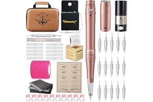 YBEAUTY Permanent Eyebrow Makeup Tattoo Machine Kit with 700mAh Wireless Battery 15 pcs Cartridge Needles Microblading Supply for Eyebrow Lip Eyeliner Microshading Supplies(Pink Tattoo Kit)