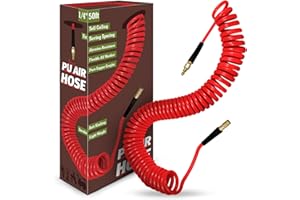 WHISPERING WONDER 1/4 in x 50 ft Polyurethane Air Hose with Bend Restrictor, Air Compressor Hose with 1/4 Solid 100% Pure Copper Quick Connect Fittings and I/M Plug Kit, Coiled PU Air Hose 1/4", Red