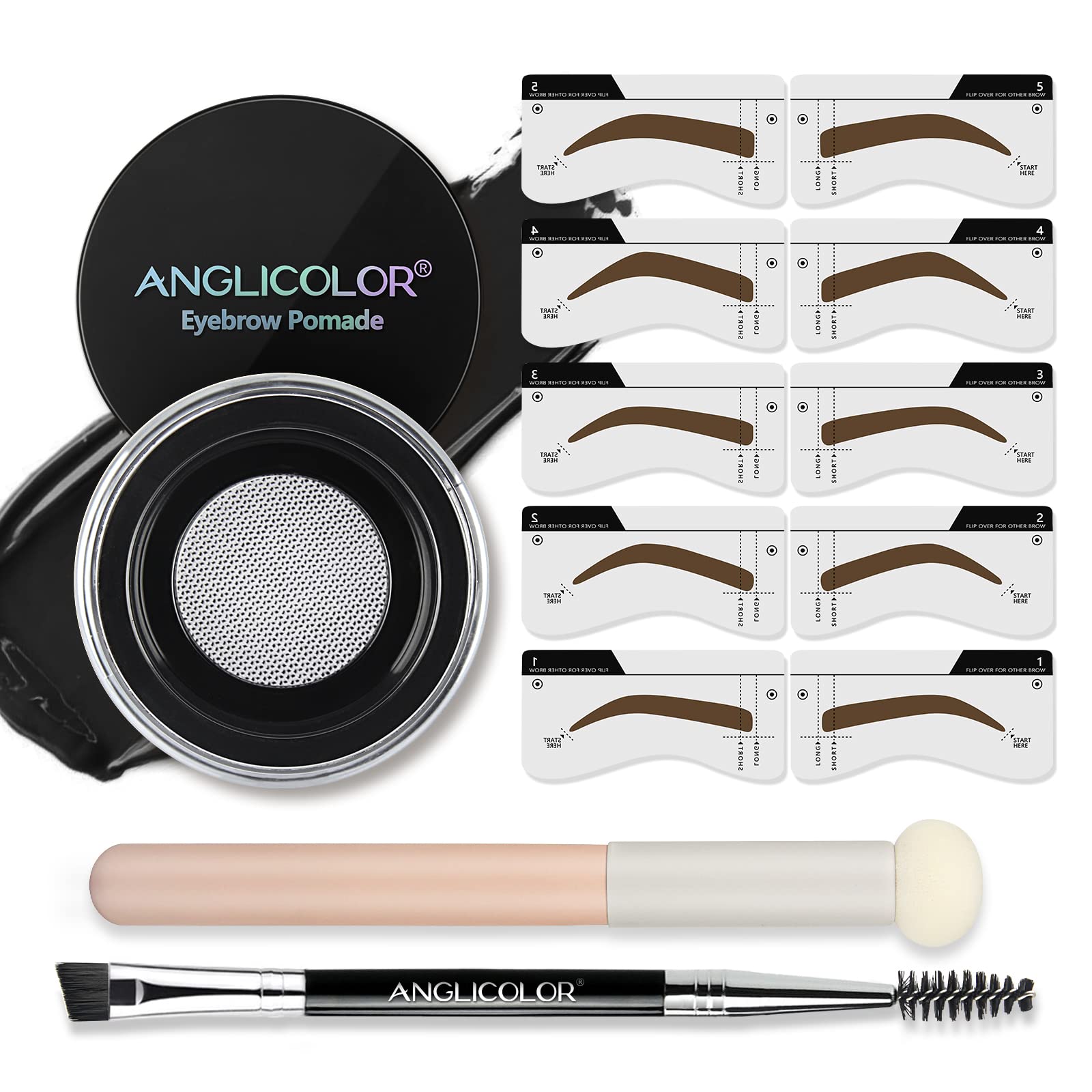 Anglicolor Eyebrow Stencil Set,Eyebrow Stencil Kit,Waterproof Eyebrow Pomade,Long Lasting Brow Pomade with Double Ended Eyebrow Brush with Sponge Applicator (06 JET BLACK Set, 7.5g)