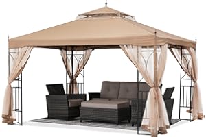 ABCCANOPY Patio Outdoor Gazebo 10X12 - Gazebo Canopy with Netting and Corner Frame Screen Wall for Backyard,Garden Gazebo Lawn (Khaki)