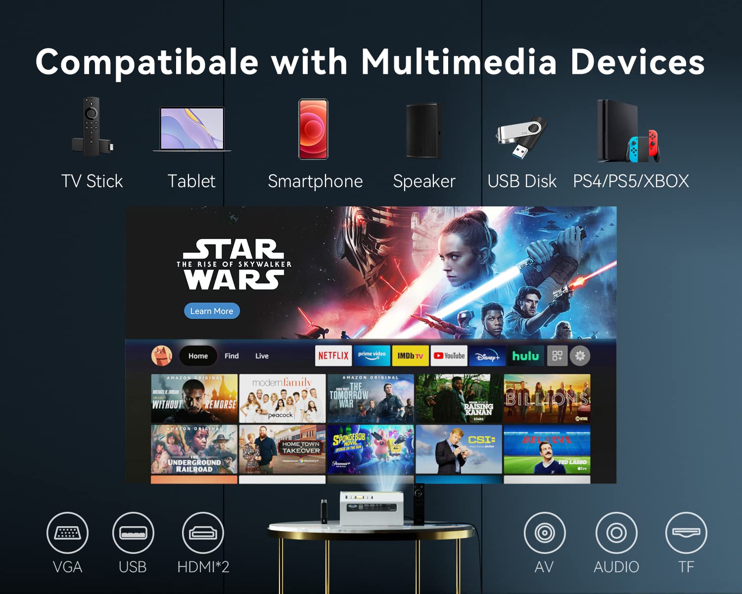 Emotn C1 Projector, Mini Projector with WiFi Bluetooth 5.1, 1080P Supported Portable Projector, 8500Lux 200