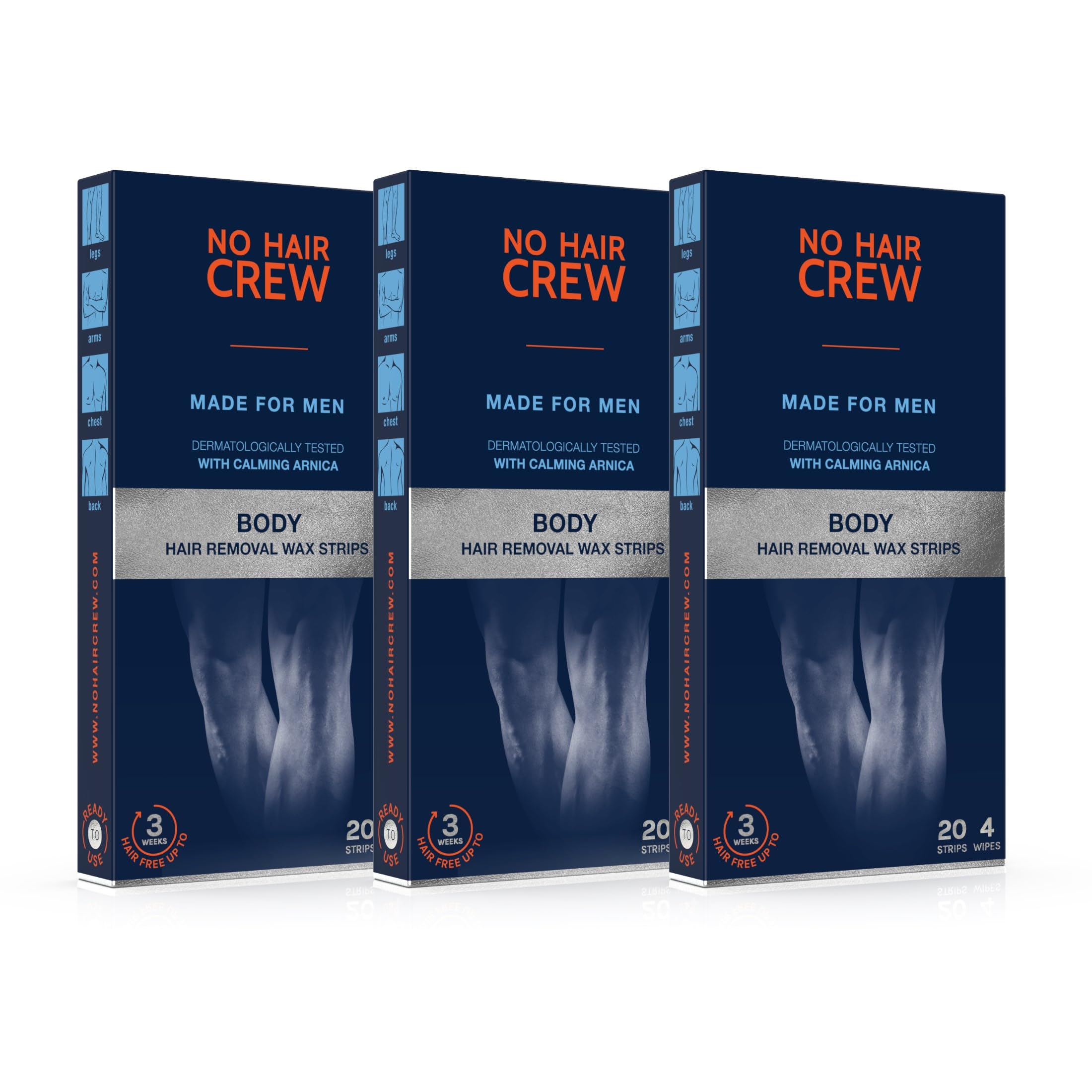 NO HAIR CREW 3 x 20 Body Hair Removal Wax Strips – High Performance Wax Strips. Made for Men (Set, 3 x 20 Strips & 4 Soothing Cleansing Wipes).