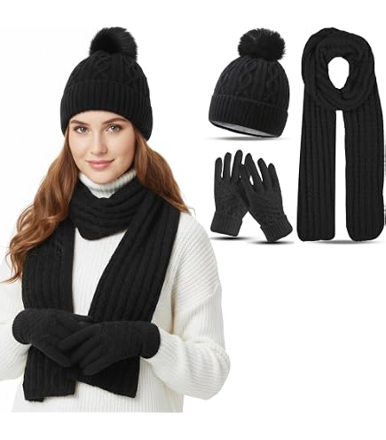 Ensemble Bonnet écharpe Gants Femme - Tricot épais Avec Pompons, Doublure Polaire - Cadeau Hiver